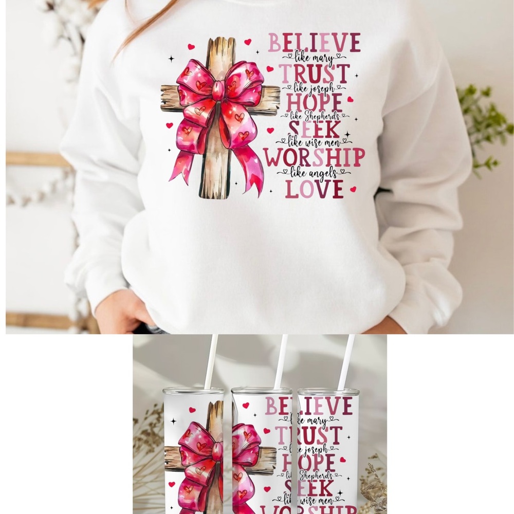 Gildan White Crew Neck Sweater with Pink Bow Design